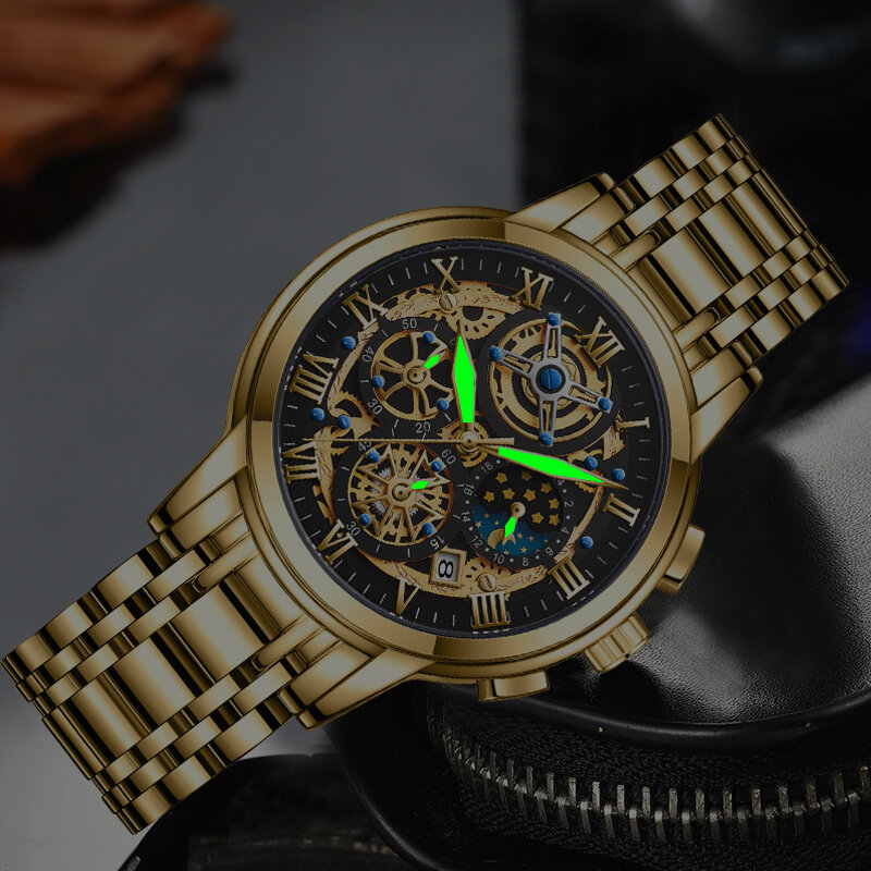 Luik Mannen Horloge Golden Sport Quartz Heren Horloges Volledige Staal Waterdicht Chronograaf Horloge Mannen Relogio Masculino + Box