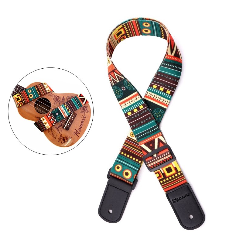 Adjustable Ukulele Strap Printing National Style Ukulele Belt Ukelele Strap Guitar Accessories with Soft PU Leather Head