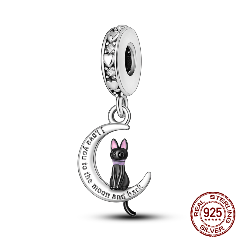 Breloques de collection de chat noir en argent regardé 925 pour femme, perles, pendentif empreinte de patte, convient au bracelet Pandora original, cadeau de bijoux à bricoler soi-même