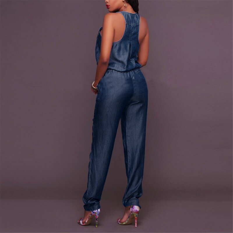 Womens Sleeveless Jumpsuits Summer Casual High Waist Solid Imitation Denim Rompers Drawstring Waist Zipper Rompers With Pockets