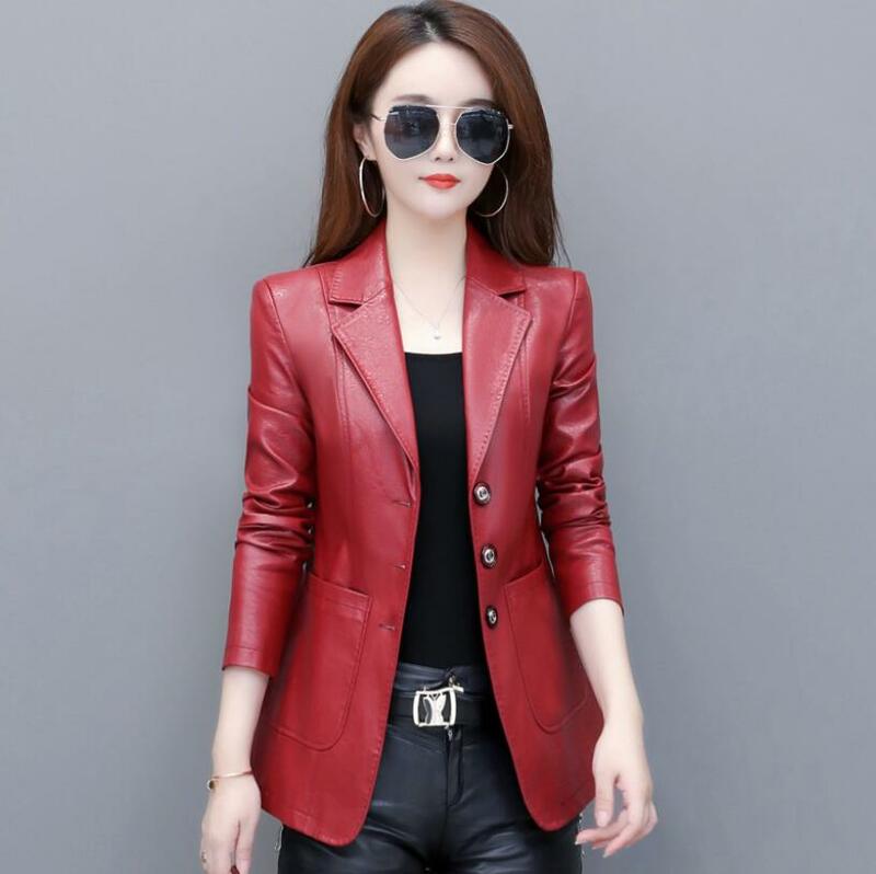 แจ็คเก็ตหนังแท้ฤดูใบไม้ผลิสำหรับผู้หญิงเสื้อโค้ทหนังแกะแบบบาง MODE Korea สีดำสีแดงแจ็คเก็ตหนังแท้เสื้อเบลเซอร์ลำลองสำหรับผู้หญิง