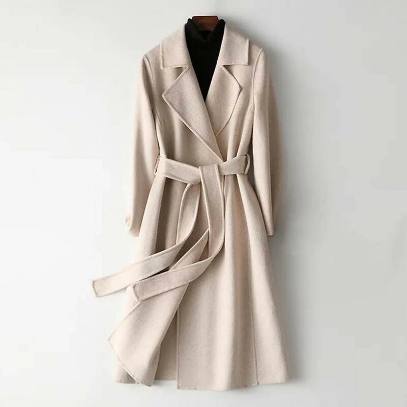 Casaco feminino de lã de comprimento médio com cintura ajustável, casaco chique, slim fit, sobretudo de lapela, outono