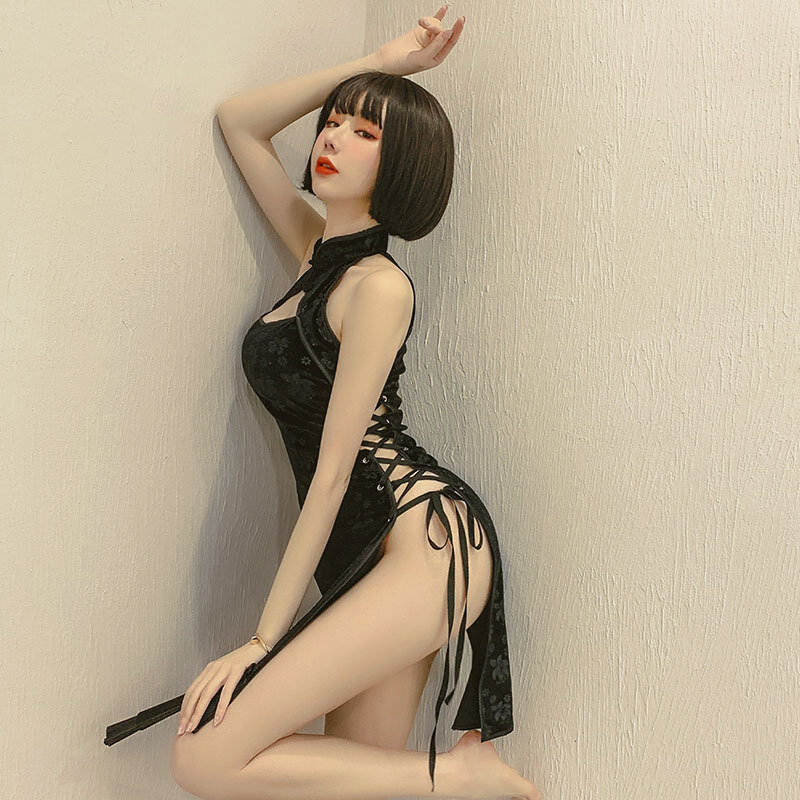 Chinês retro cheongsam vestido uniforme feminino sexy lingerie bandagem tentação alta fenda lateral oco erótico cheongsam qipao