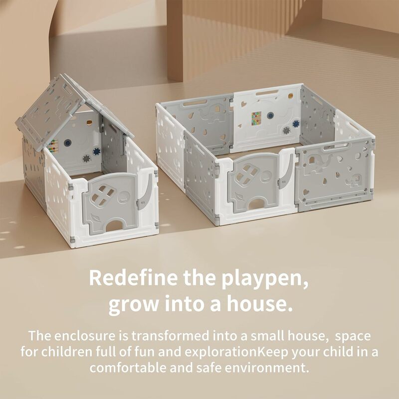 Pena mainan anjing peliharaan, pusat aktivitas anak-anak, keamanan bermain halaman rumah dalam ruangan luar ruangan, pena baru, rumah bermain kecil (abu-abu)
