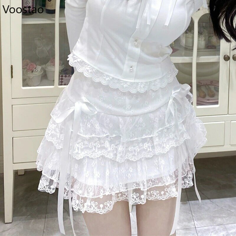 Minifalda blanca con lazo de encaje para mujer, Falda corta con volantes, estilo Harajuku, Kawaii, japonés, Y2k