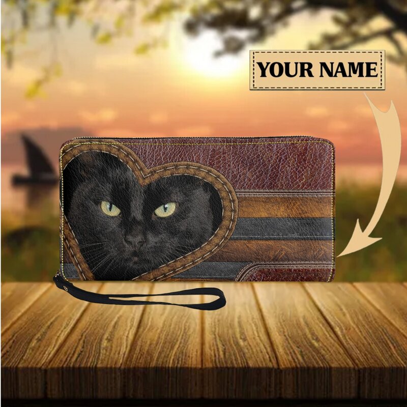 검은 고양이 동물 디자인 맞춤형 여성용 지갑, 지퍼 달린 긴 여행 지갑, 캐주얼 다기능 카드홀더