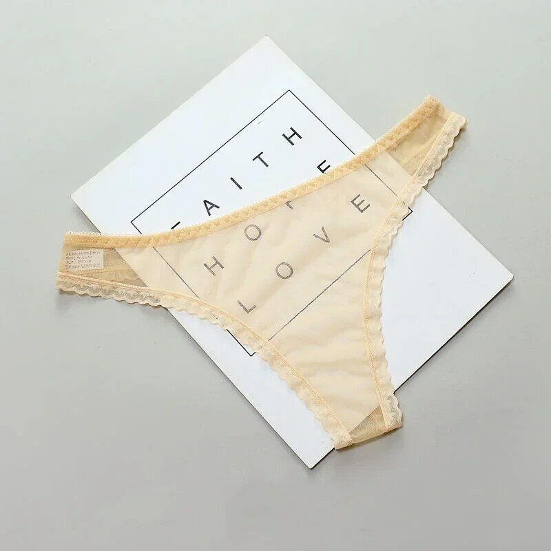 Sexy transparente calcinha tanga de renda para mulheres, ver através da crotch, fundo de malha, sem costura, baixo crescimento t-calças, roupa interior