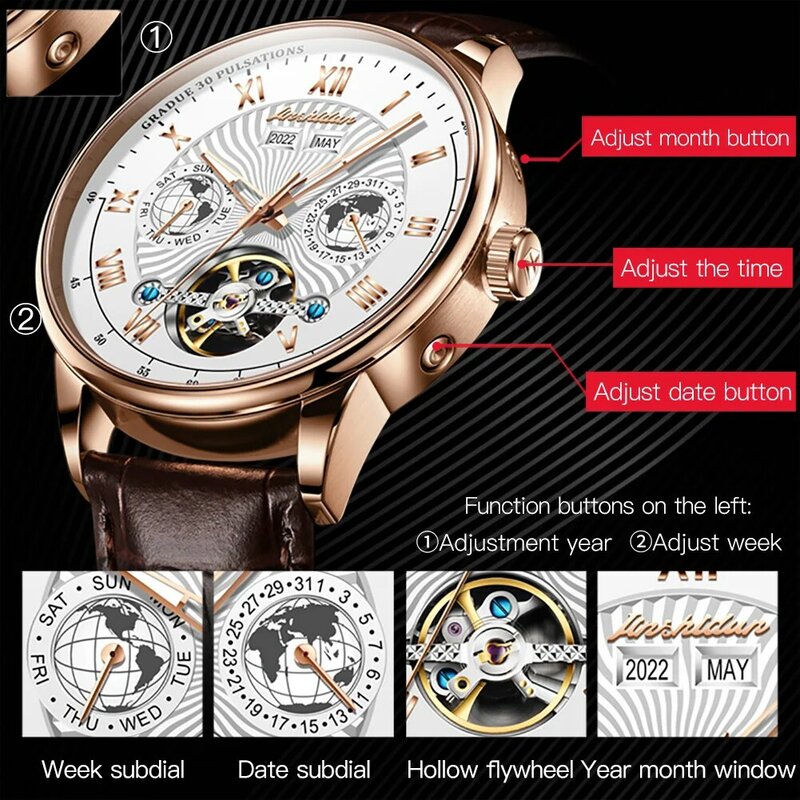 Мужские механические Автоматические часы JSDUN, дизайнерские водонепроницаемые Классические наручные часы-скелетоны с кожаным ремешком и датой, 8919