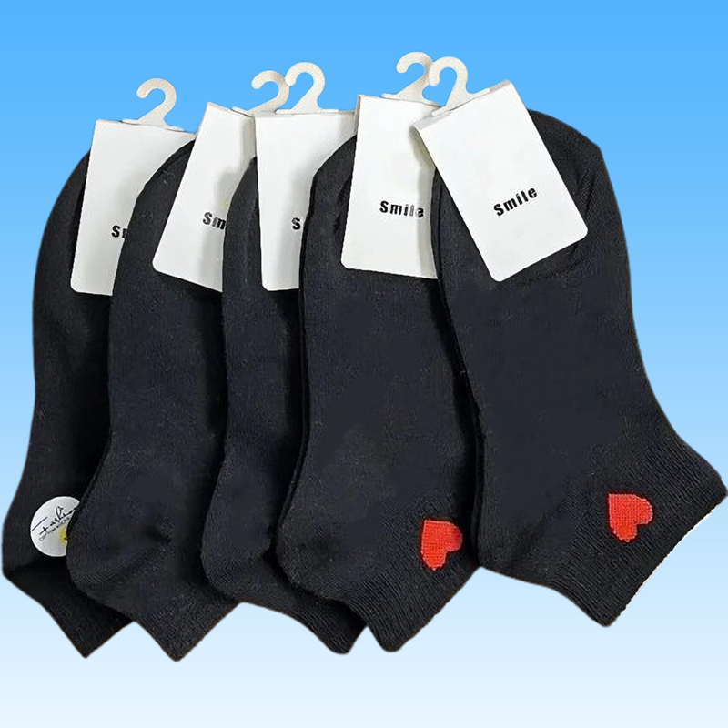 5 Pairs Black White Ankle Socks Women Spring Summer Low Tube Cotton Boat Socks Cute "Love Heart" College JK Girls Socks
