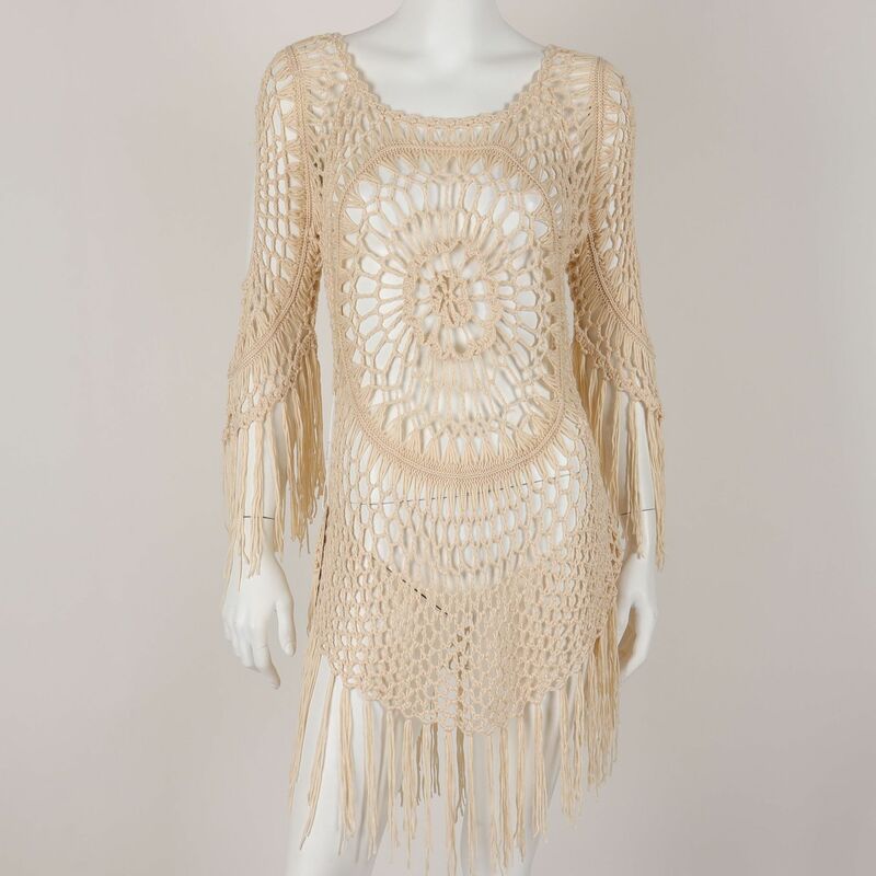 フリンジトリム付きの白いかぎ針編みのビキニカバーアップ,女性のためのセクシーなビーチドレス,透かし彫り,水着2022