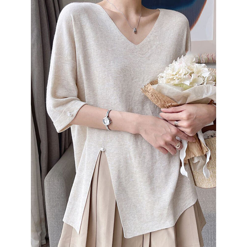 Fashion V-Neck Solid Color Knitted Slit Beading T-Shirts Women Clothing 2024 Summer New Loose Korean Tops Office Lady Tee Shirt