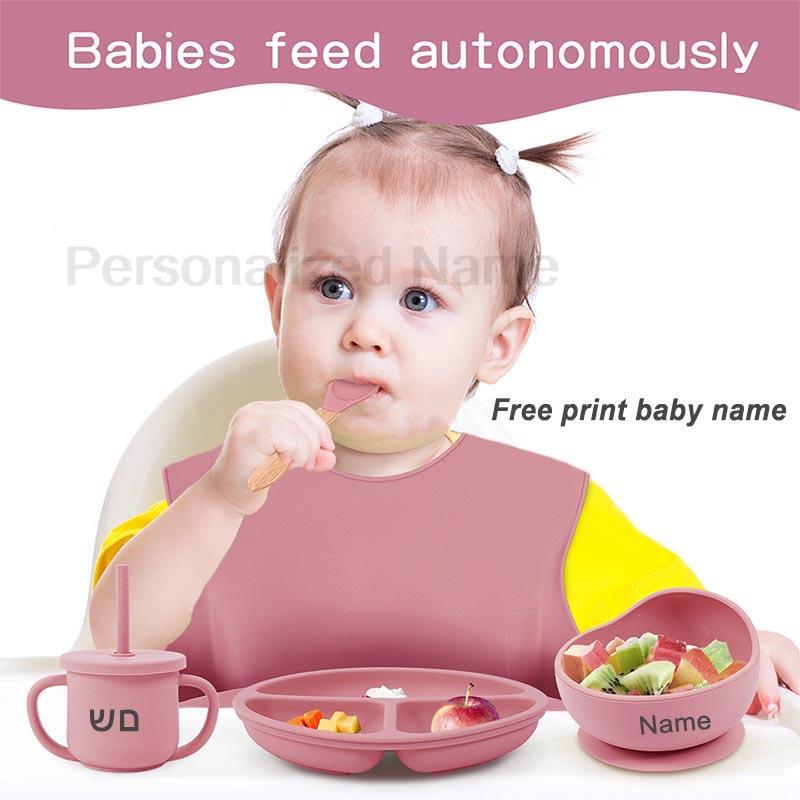 Juego de alimentación de silicona para bebé, 8 piezas, plato de comedor redondo, tazón con ventosa, platos con nombre personalizado, vajilla para niños, taza de paja