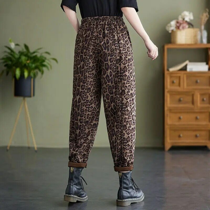 Harem Pants Printing Leopard Elastic Waist Patchwork Pocket Fashion Loose Vintage Streetwear Autumn Winter Thin Women's Clothing