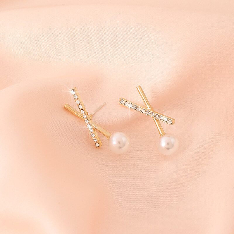 Zircon Letter X Imitation Pearl Golden Earrings for Women Design Fashion Retro Earrings Jewelry Party Gifts Wholesale