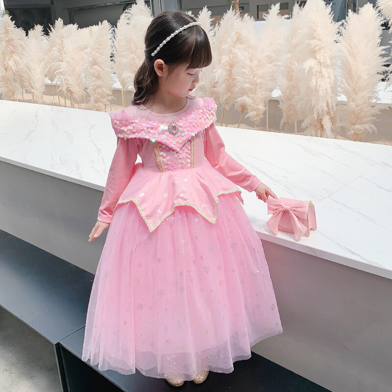 Aurora princesa vestido cosplay para festa de aniversário, manga comprida, elegante vestido de baile, evento de Halloween, traje do festival, rosa