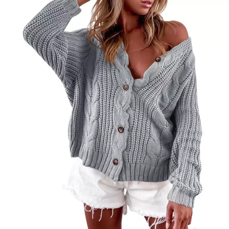 Sweater leher V lengan panjang wanita, 2023 kasual warna polos musim gugur/dingin