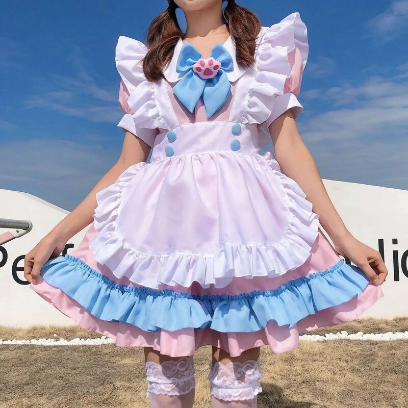 ชุดนุ่มแบบญี่ปุ่นแม่บ้านสำหรับเด็กผู้หญิงชุดคอสเพลย์สวมบทบาทน่ารักสีชมพูล้วนชุดเครื่องแบบแม่บ้าน2024