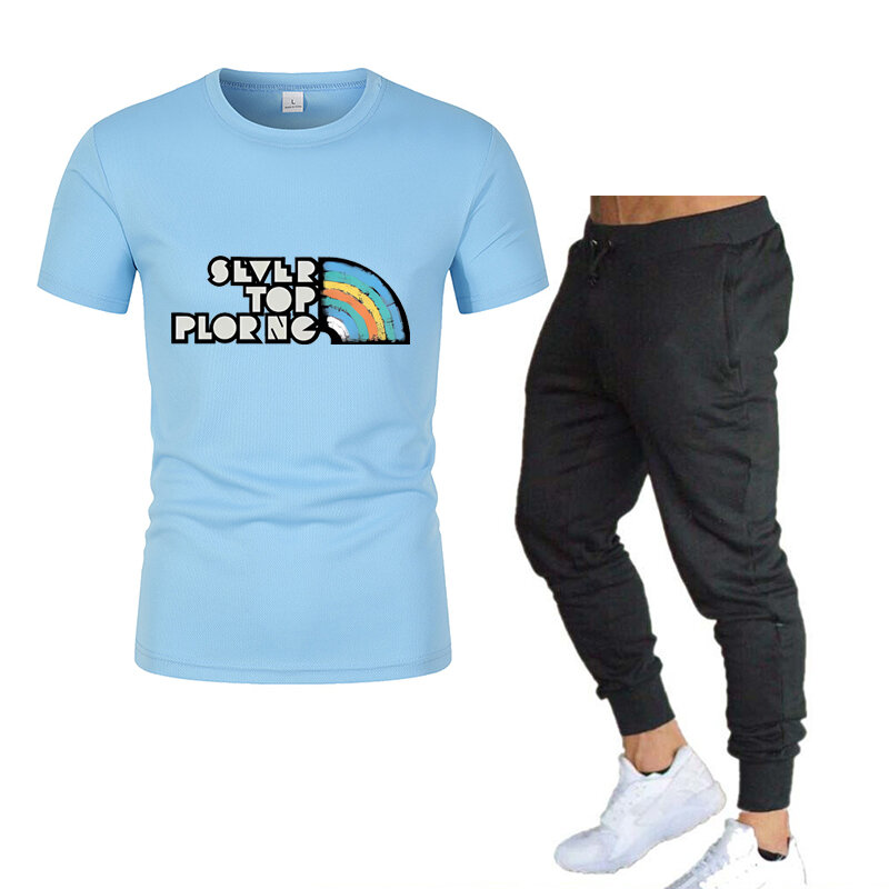 Męska koszulka z krótkim rękawem i spodnie do biegania z napisem grafika drukowana 2 codzienne sportowe regularne spodnie komplet garniturów wiosenne lato