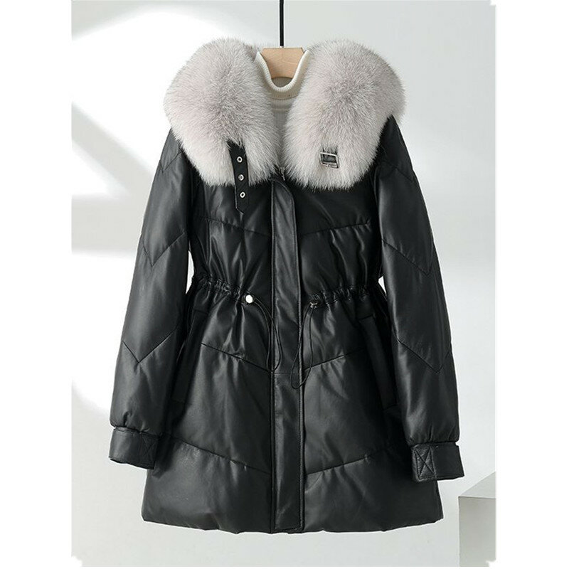 Średniej długości skórzany płaszcz dla kobiet, luźna, ciepła kurtka puchowa, duży kołnierz z futra lisa, szczupła talia, jesień i zima