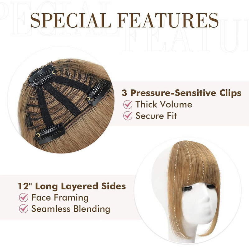 Maxine-Extension de cheveux humains à frange à clipser pour femme, postiche à frange naturelle, faux cheveux blonds bruns