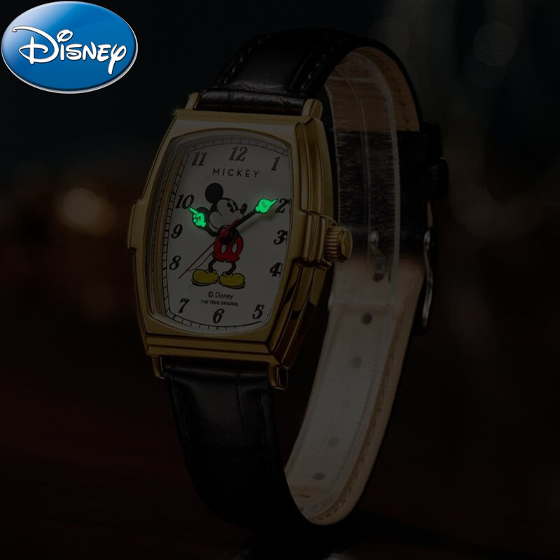 Disney-relógio mickey mouse com caixa para crianças, cinto luminoso, forma de barril, relógio de estudante, quartzo, relógio, presente