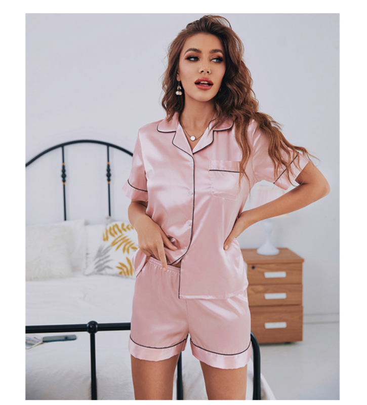 Vrouwen Zijde Satijn Pyjama Set Korte Mouw Tweedelige Pj Sets Nachtkleding Loungewear Button-Down
