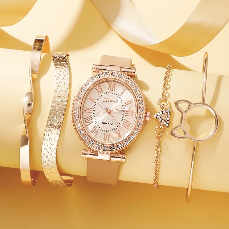 Jam tangan kuarsa modis wanita jam tangan Analog tali kulit mewah jam tangan wanita Set gelang baju wanita jam tangan wanita