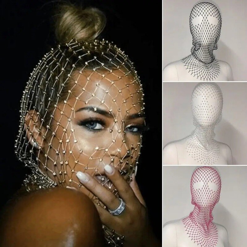 Wanita Balaclava elastis Turban berlian imitasi wanita bersinar tudung kepala jaring ikan pesta liburan masker kepala berlian penutup kepala