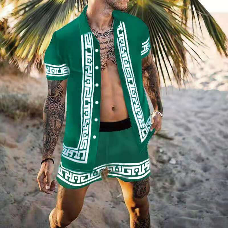Мужской комплект из 2 предметов, гавайская рубашка с коротким рукавом и шорты, Повседневная пляжная рубашка с принтом, лето 2021