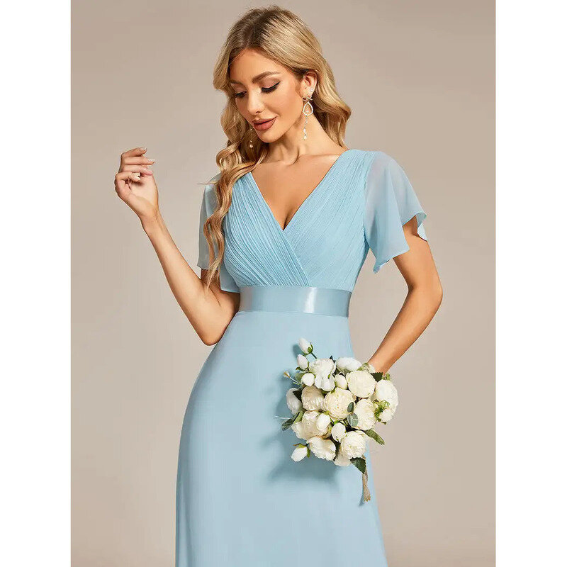 Elegant Evening Dresses Long A-LINE Short Sleeve V-neck Party 2024 Of Chiffon Bridesmaid Women Banquet Dress vestido de festa