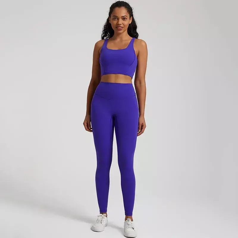Lemon Gym Yoga Set Tight Leggings Sports Fitness Bra Top 2pc Suit Comprehensive Training Jogging Women Round Neck U Shape