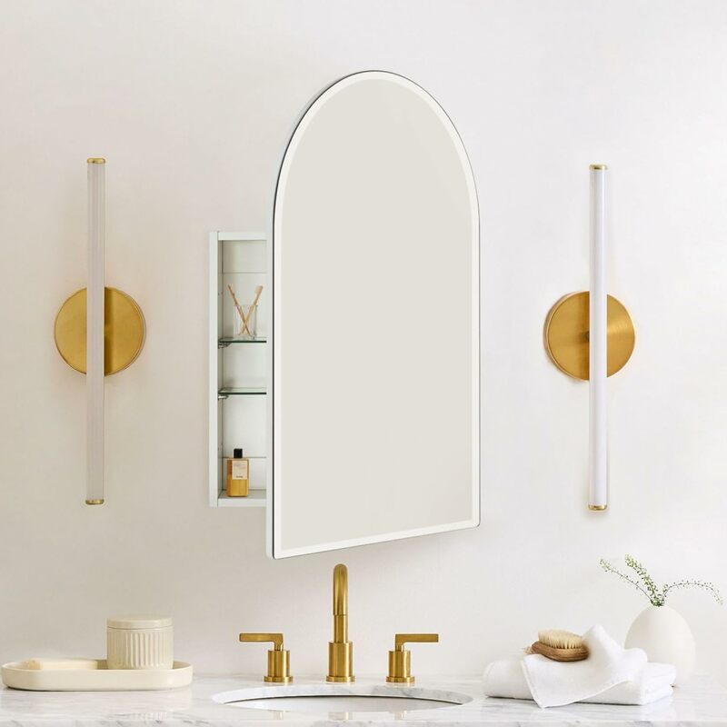 Botiquín de arco blanco sin marco con receso de espejo y gabinete de montaje en superficie con espejo para baño, 28 "H x 16" W