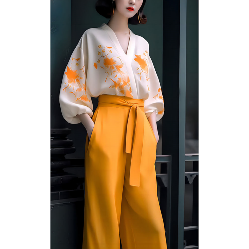 2024 wczesna wiosna i jesienna nowa moda Maillard nowa chińskie w stylu Retro wysokiej klasy wyszczuplająca i zakrywająca mięso koszula spodnie z szeroką nogawką
