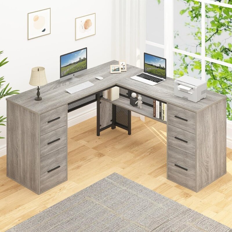 Meja besar bentuk L dengan lemari arsip penyimpanan, Meja Komputer bentuk L sudut dengan rak laci
