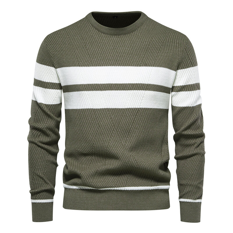 Sweater Pullover leher O pria, pakaian Sweater kasual modis, Sweater ramping hangat lengan panjang, baju perca, leher O, Sweater musim gugur untuk pria