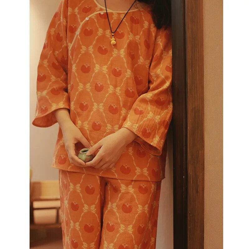 Cotton Gauze Pajamas In Autumn and Winter Women's Persimmon Printed Two-color Long Sleeve Home Suit Round Neck Pyjamas 2 Piece