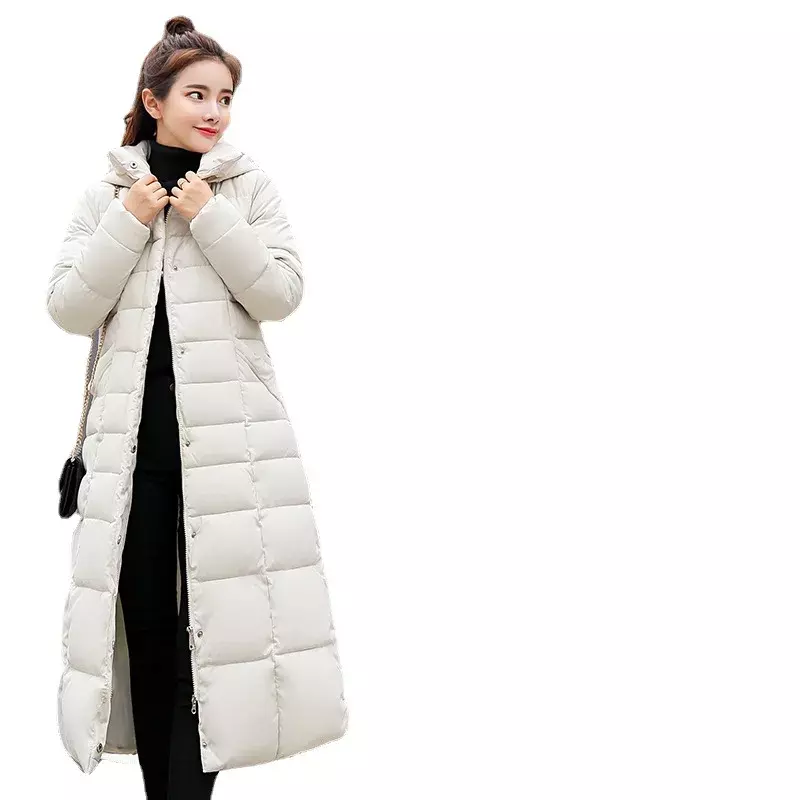 Casaco acolchoado de pele com capuz feminino, casaco longo quente, parka fashion, outwear de neve, roupas de inverno, 2023