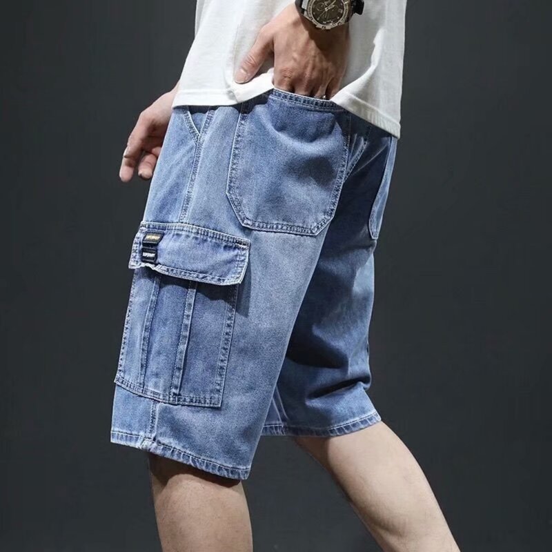Calção jeans azul retrô masculino, bolso grande solto, fino, lavado, cinco pontas, carga, estilo porto, moda, verão
