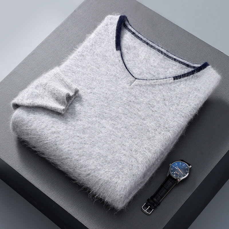Autumn And Winter New V-Neck Mink Cashmere Sweater Men's Pullover Slim Bottoming Shirt Solid Color Warm Sweater