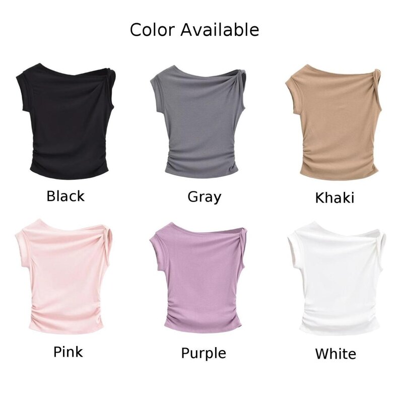 Female Top Women T Shirt Sleeveless Slight Stretch Solid Color Streetwear Crop Top High Waist Off The Shoulder