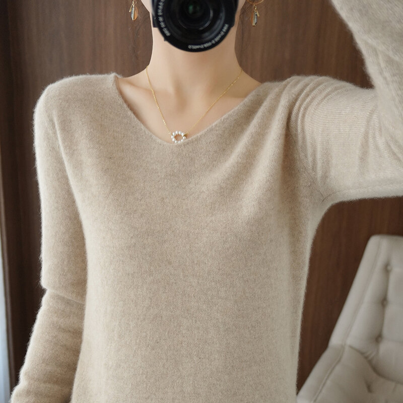 100% puro lã cashmere camisola feminina com decote em v pulôver outono/inverno casual malha topos cor sólida regular jaqueta feminina quente