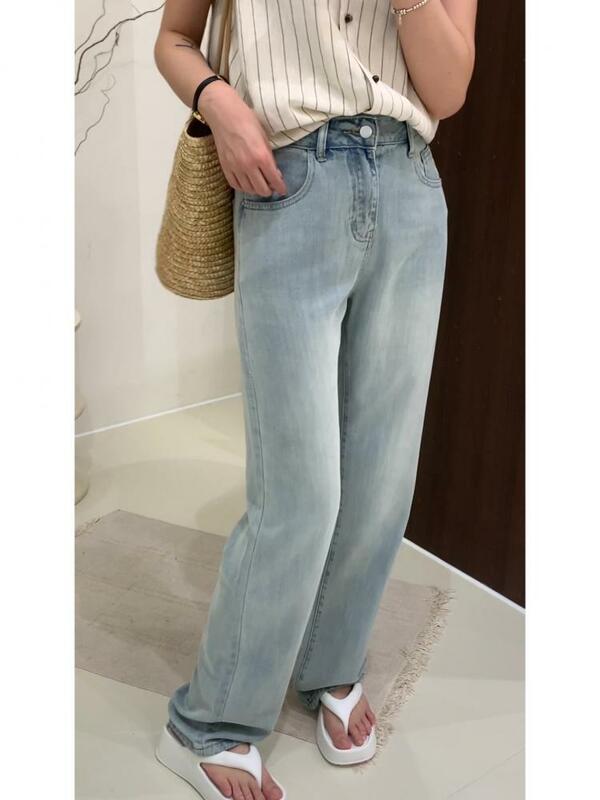 Finework celana Jeans kaki lebar wanita, celana Denim kasual gaya Korea pinggang tinggi biru klasik klasik klasik, celana jins panjang penuh 2024