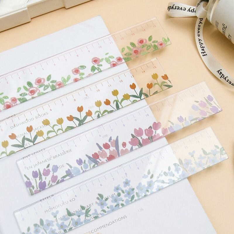 Multifunction 15cm Straight Ruler Creative Transparent Acrylic Math Drawing Ruler Double-duty Tulip Dividing Ruler Stationery