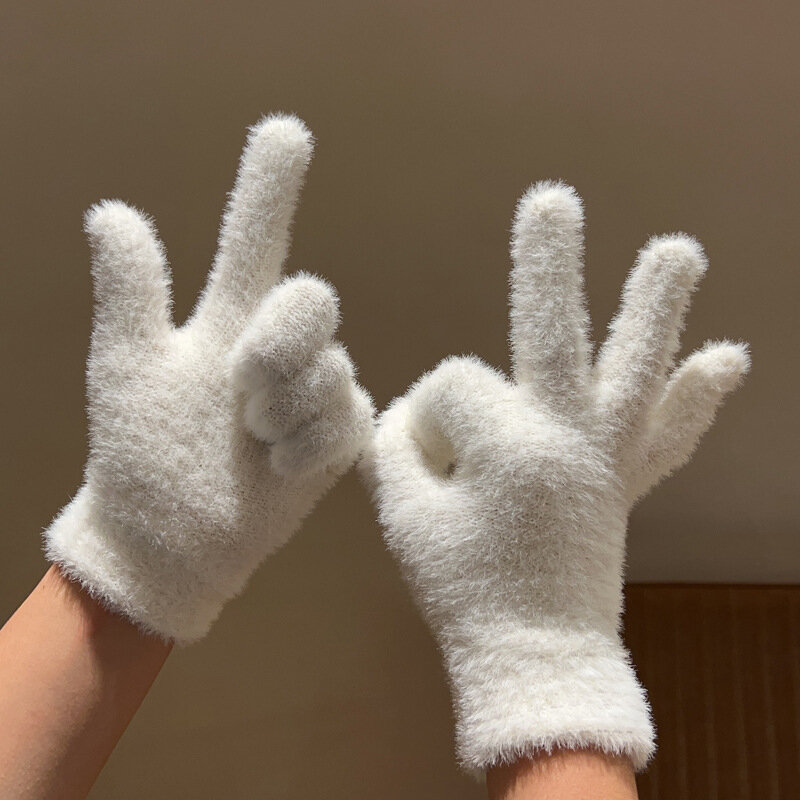 Women Winter Warm Mink Velvet Gloves Plush Five Finger Gloves Outdoors Solid Color Glove Cute Fur Fluffy Wrist Warmer Mittens