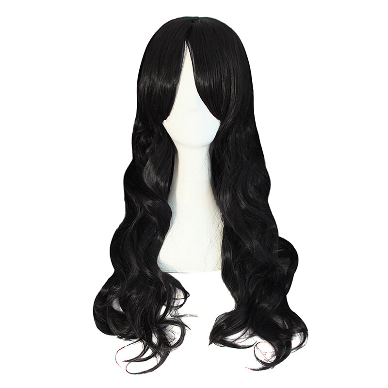 Cos peluca femenina larga y rizada Lolita Grip par Cola de Caballo onda grande negro puro Anime de cabeza completa
