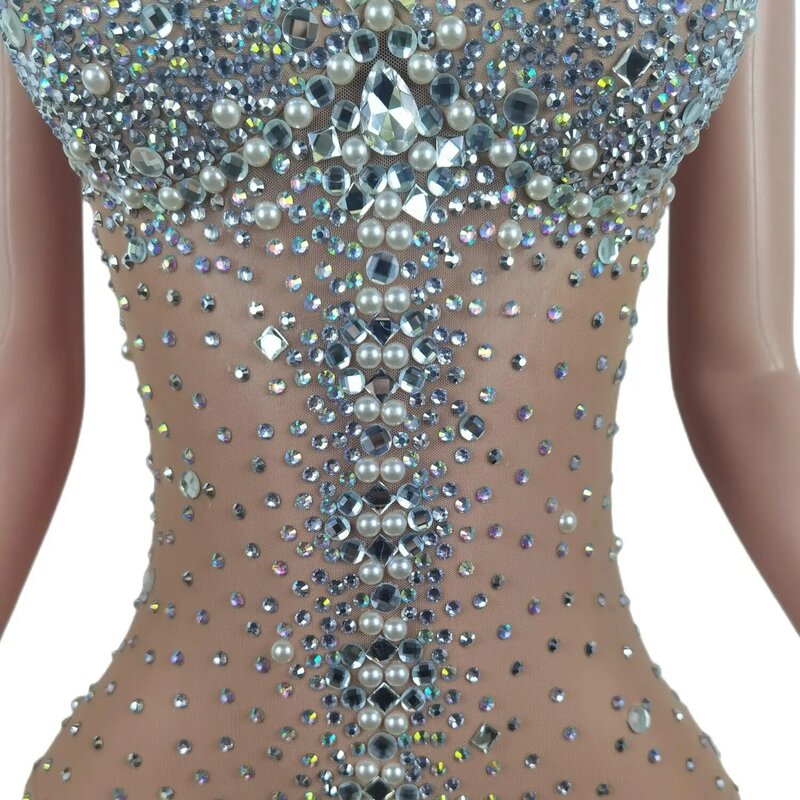 Body Sexy de bailarina con diamantes de imitación para mujer, mono de malla elástica sin mangas con perlas, leotardo para mujer, disfraz de escenario, Yemingzhu
