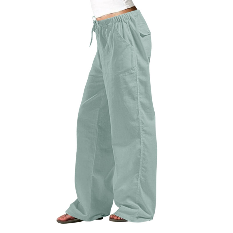2024 Women's Cotton and Linen Casual Pants Elastic Elastic Waist Pocket Straight Pants Solid Color Cotton and Linen Pants