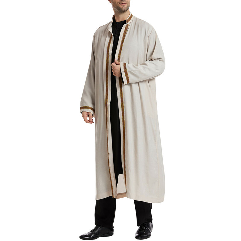 Manto muçulmano do Oriente Médio masculino com bolsos, roupa islâmica tradicional, cardigã de gola alta, Jubba Thobe, vestido diário em estilo básico