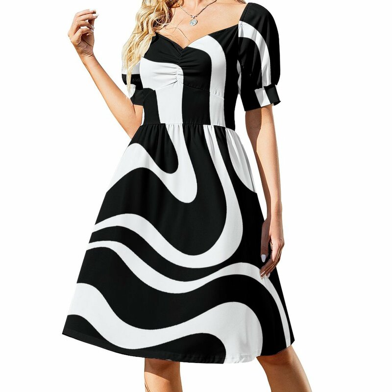 Retro moderne flüssige Wirbel abstrakte Muster Quadrat in schwarz und weiß ärmellosen Kleid Strand kleider Damenmode Kleider