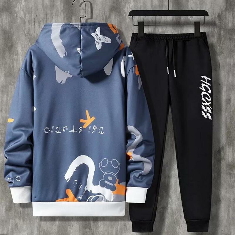 Long Sleeve Cardigan Hoodie Men's Hip Hop Tracksuit Set with Hooded Coat Drawstring Pants Letter Print Sportswear with Zipper